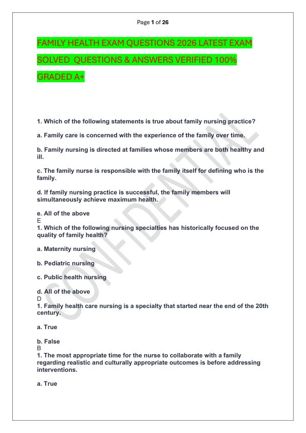 FAMILY HEALTH EXAM QUESTIONS 2026 LATEST EXAM SOLVED  QUESTIONS & ANSWERS VERIFIED 100%  GRADED A+