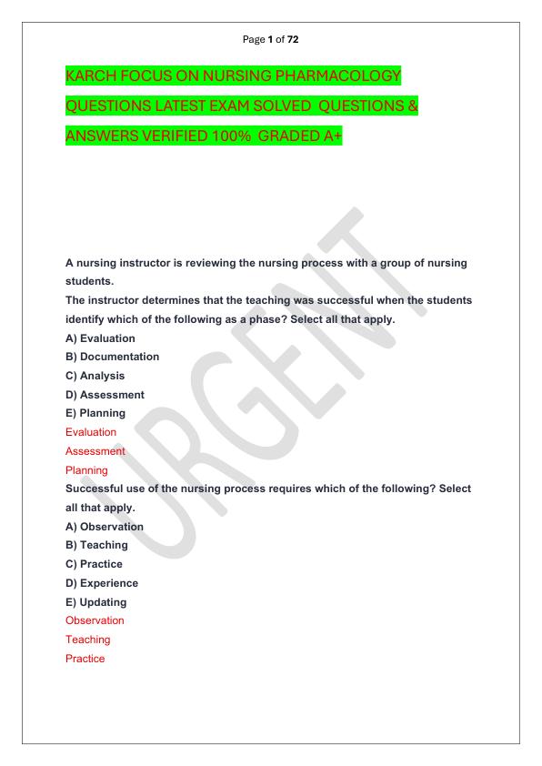 KARCH FOCUS ON NURSING PHARMACOLOGY QUESTIONS LATEST EXAM SOLVED  QUESTIONS & ANSWERS VERIFIED 100%  GRADED A+