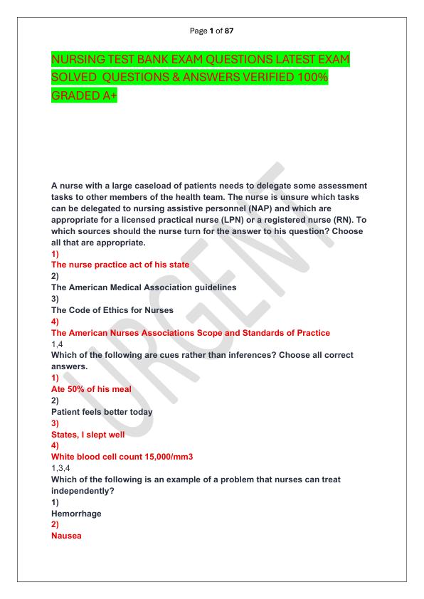 NURSING TEST BANK EXAM QUESTIONS LATEST EXAM SOLVED  QUESTIONS & ANSWERS VERIFIED 100%  GRADED A+