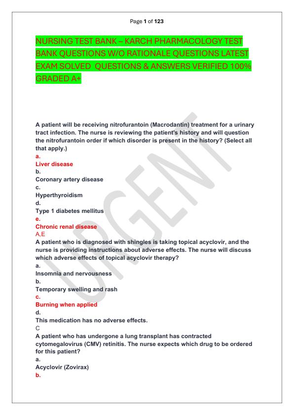 NURSING TEST BANK – KARCH PHARMACOLOGY TEST BANK QUESTIONS WO RATIONALE QUESTIONS LATEST EXAM SOLVED  QUESTIONS & ANSWERS VERIFIED 100%  GRADED A+