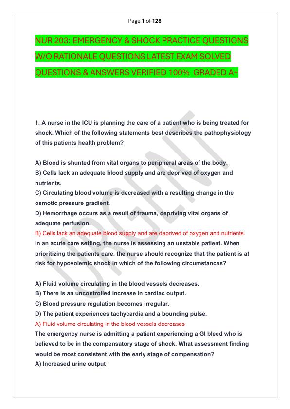 NUR 203 EMERGENCY & SHOCK PRACTICE QUESTIONS W O RATIONALE QUESTIONS LATEST EXAM SOLVED  QUESTIONS & ANSWERS VERIFIED 100%  GRADED A+