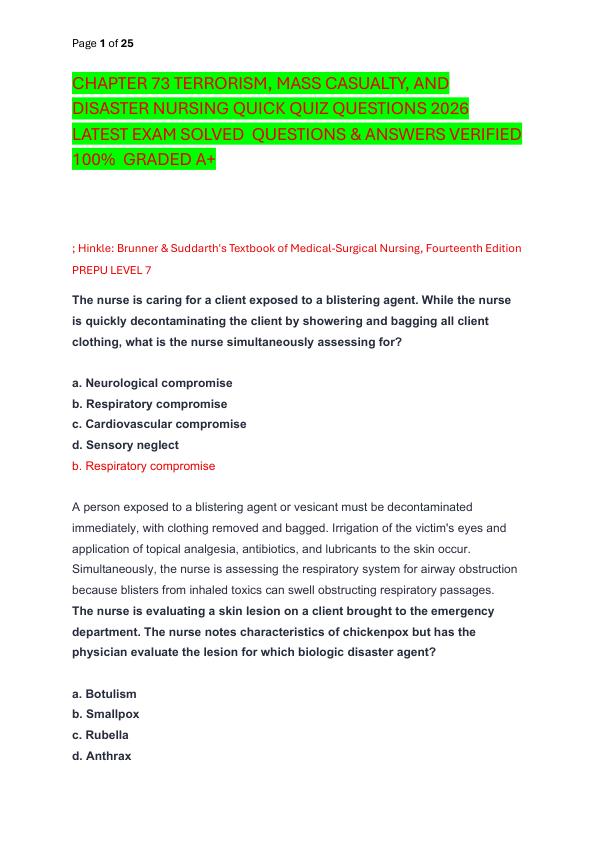 CHAPTER 73 TERRORISM, MASS CASUALTY, AND DISASTER NURSING QUICK QUIZ QUESTIONS 2026 LATEST EXAM SOLVED  QUESTIONS & ANSWERS VERIFIED 100%  GRADED A+