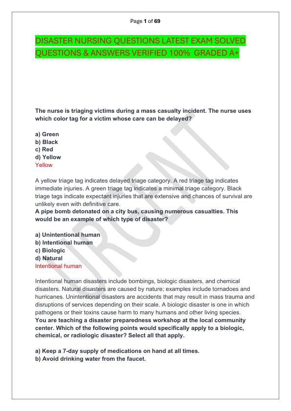 DISASTER NURSING QUESTIONS LATEST EXAM SOLVED  QUESTIONS & ANSWERS VERIFIED 100%  GRADED A+