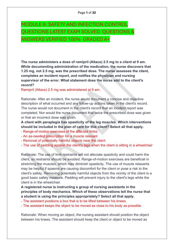 MODULE 6 SAFETY AND INFECTION CONTROL QUESTIONS LATEST EXAM SOLVED  QUESTIONS & ANSWERS VERIFIED 100%  GRADED A+