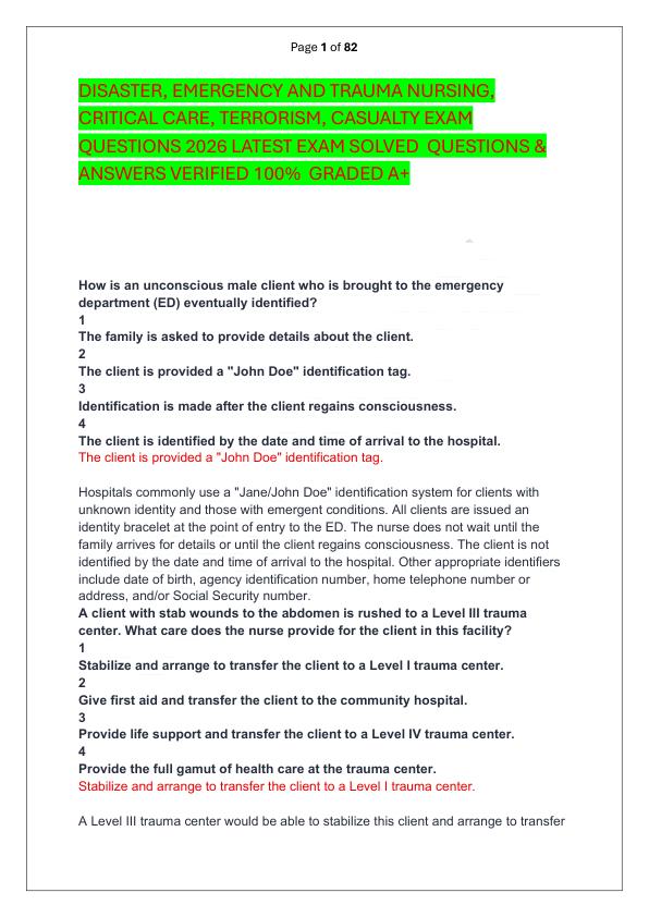 DISASTER, EMERGENCY AND TRAUMA NURSING, CRITICAL CARE, TERRORISM, CASUALTY EXAM QUESTIONS 2026 LATEST EXAM SOLVED  QUESTIONS & ANSWERS VERIFIED 100%  GRADED A+