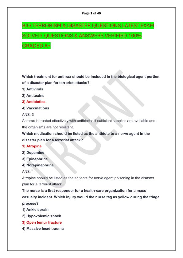 BIO-TERRORISM & DISASTER QUESTIONS LATEST EXAM SOLVED  QUESTIONS & ANSWERS VERIFIED 100%  GRADED A+