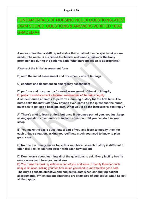 FUNDAMENTALS OF NURSING NCLEX QUESTIONSLATEST EXAM SOLVED  QUESTIONS & ANSWERS VERIFIED 100%  GRADED A+