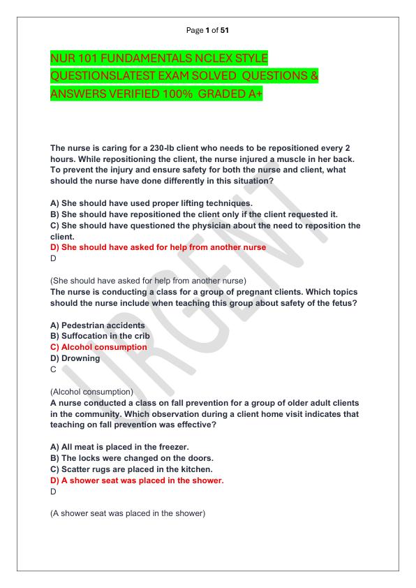 NUR 101 FUNDAMENTALS NCLEX STYLE QUESTIONSLATEST EXAM SOLVED  QUESTIONS & ANSWERS VERIFIED 100%  GRADED A+