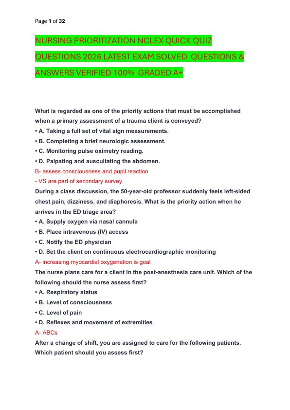 NURSING PRIORITIZATION NCLEX QUICK QUIZ QUESTIONS 2026 LATEST EXAM SOLVED  QUESTIONS & ANSWERS VERIFIED 100%  GRADED A+