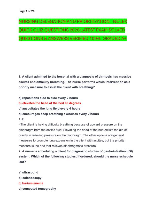 NURSING DELEGATION AND PRIORITIZATION - NCLEX QUICK QUIZ QUESTIONS 2026 LATEST EXAM SOLVED  QUESTIONS & ANSWERS VERIFIED 100%  GRADED A+