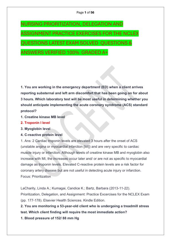 NURSING PRIORITIZATION, DELEGATION AND ASSIGNMENT PRACTICE EXERCISES FOR THE NCLEX QUESTIONS LATEST EXAM SOLVED  QUESTIONS & ANSWERS VERIFIED 100%  GRADED A+
