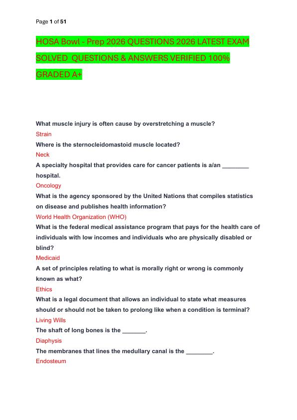 HOSA Bowl - Prep 2026 QUESTIONS 2026 LATEST EXAM SOLVED  QUESTIONS & ANSWERS VERIFIED 100%  GRADED A+
