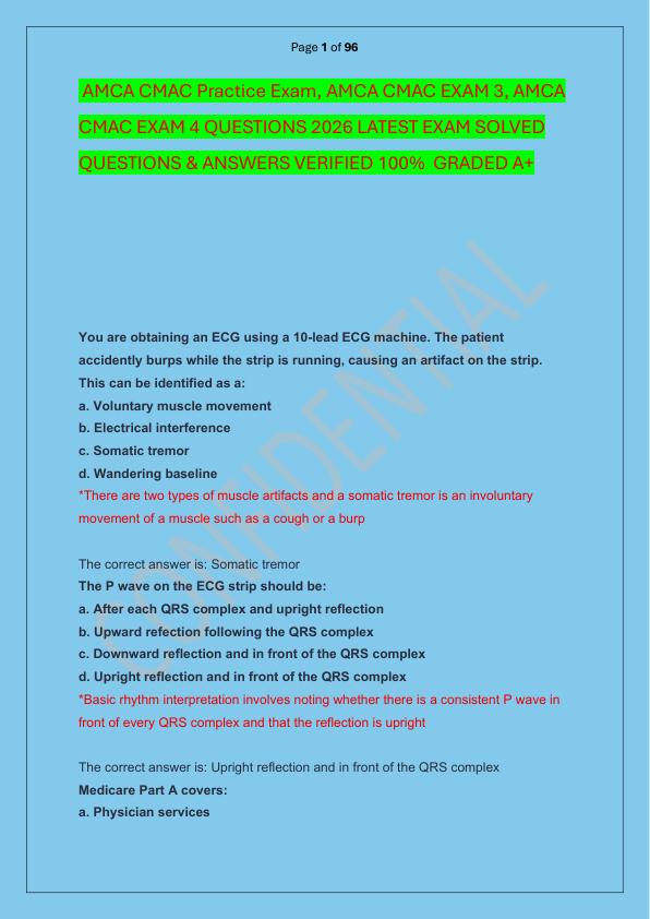 AMCA CMAC Practice Exam, AMCA CMAC EXAM 3, AMCA CMAC EXAM 4 QUESTIONS 2026 LATEST EXAM SOLVED  QUESTIONS & ANSWERS VERIFIED 100%  GRADED A+