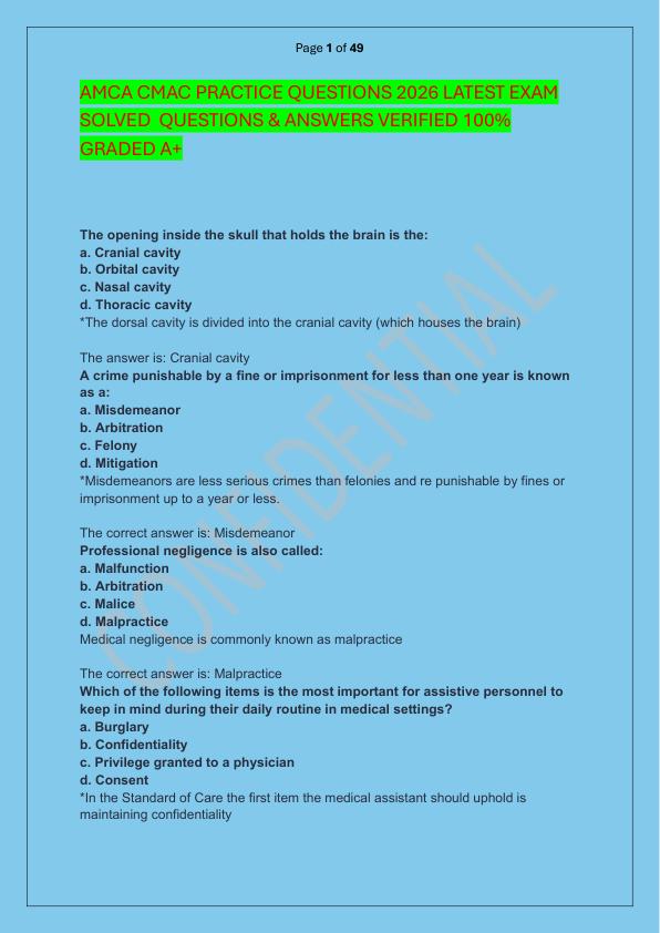 AMCA CMAC PRACTICE QUESTIONS 2026 LATEST EXAM SOLVED  QUESTIONS & ANSWERS VERIFIED 100%  GRADED A+