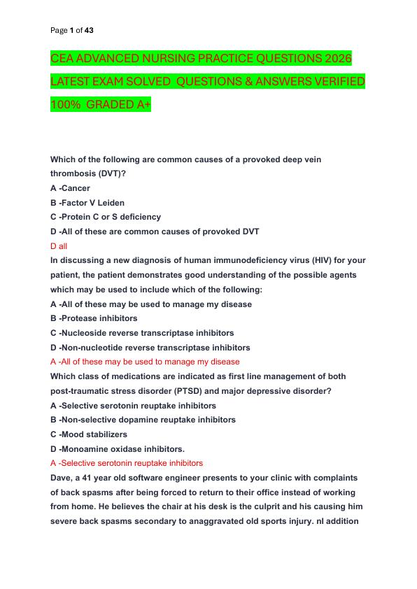 CEA ADVANCED NURSING PRACTICE QUESTIONS 2026 LATEST EXAM SOLVED  QUESTIONS & ANSWERS VERIFIED 100%  GRADED A+