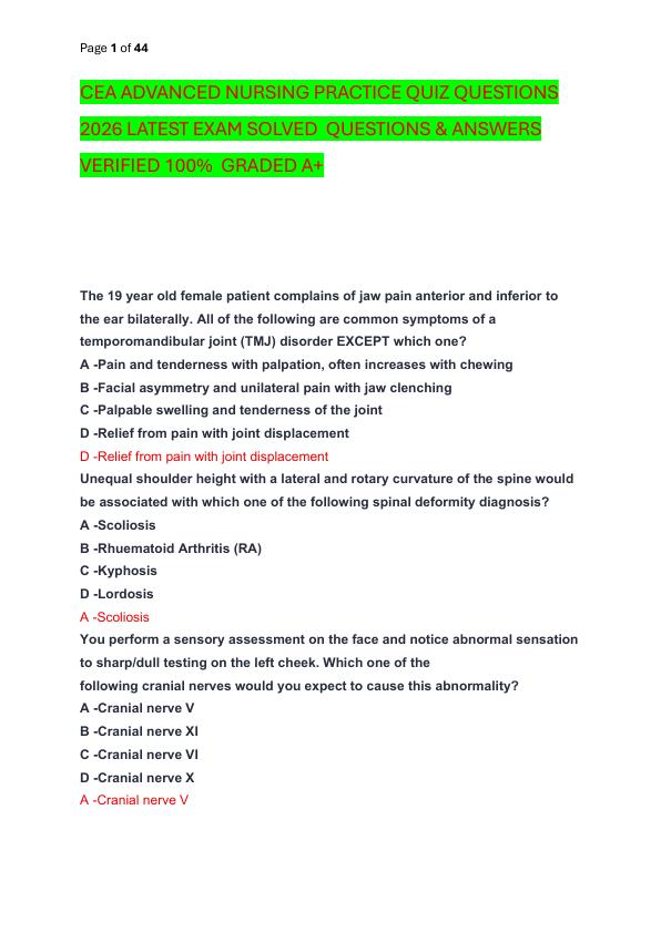 CEA ADVANCED NURSING PRACTICE QUIZ QUESTIONS 2026 LATEST EXAM SOLVED  QUESTIONS & ANSWERS VERIFIED 100%  GRADED A+