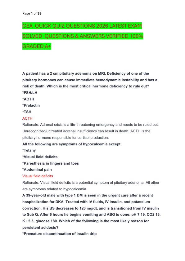 CEA  QUICK QUIZ QUESTIONS 2026 LATEST EXAM SOLVED  QUESTIONS & ANSWERS VERIFIED 100%  GRADED A+