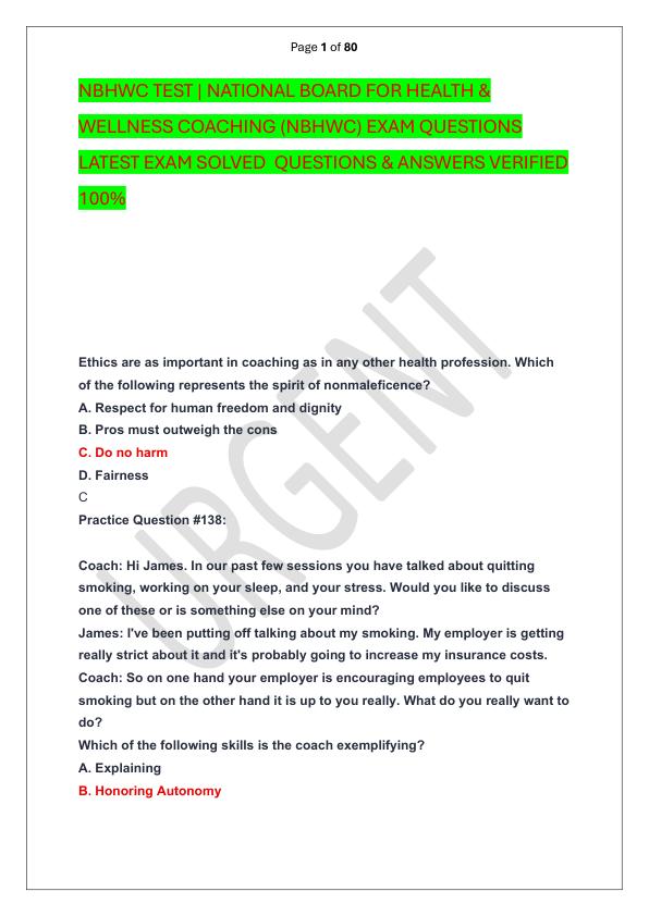 NBHWC TEST  NATIONAL BOARD FOR HEALTH & WELLNESS COACHING (NBHWC) EXAM QUESTIONS LATEST EXAM SOLVED  QUESTIONS & ANSWERS VERIFIED 100%
