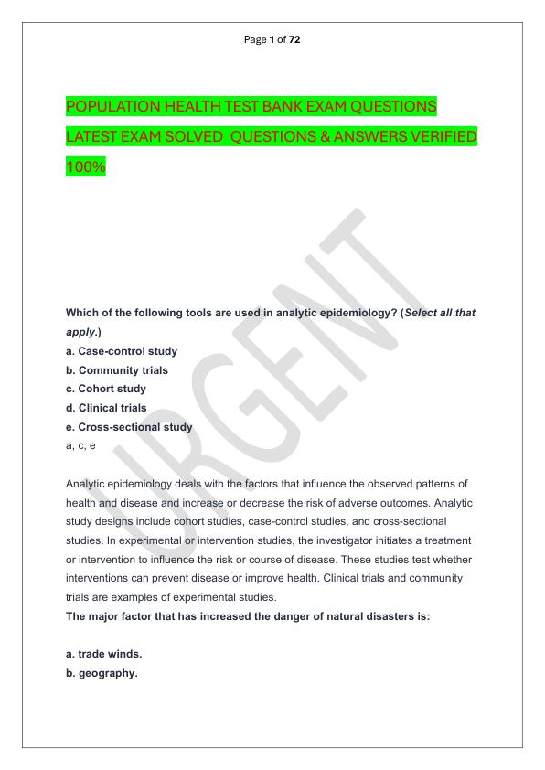 POPULATION HEALTH TEST BANK EXAM QUESTIONS LATEST EXAM SOLVED  QUESTIONS & ANSWERS VERIFIED 100%  