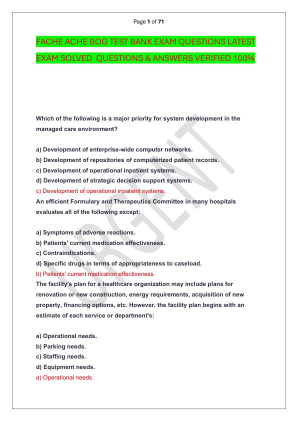 FACHE ACHE BOG TEST BANK EXAM QUESTIONS LATEST EXAM SOLVED  QUESTIONS & ANSWERS VERIFIED 100%  