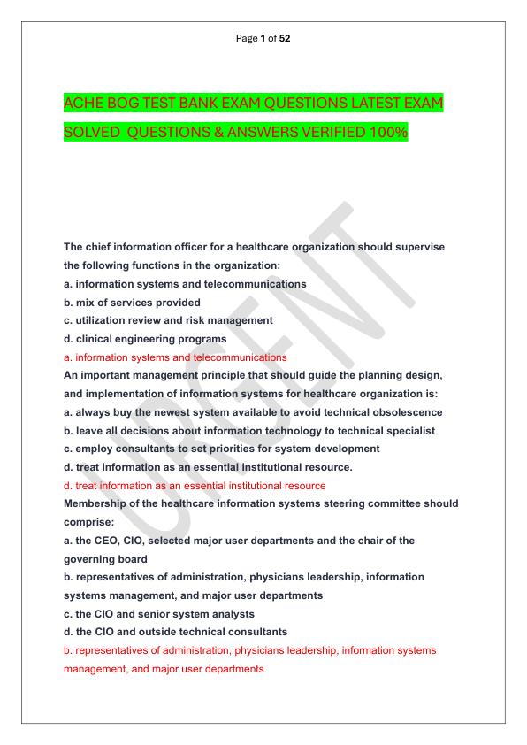 ACHE BOG TEST BANK EXAM QUESTIONS LATEST EXAM SOLVED  QUESTIONS & ANSWERS VERIFIED 100%  