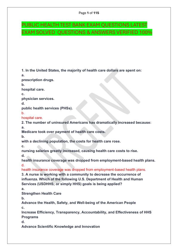 PUBLIC HEALTH TEST BANK EXAM QUESTIONS LATEST EXAM SOLVED  QUESTIONS & ANSWERS VERIFIED 100%  