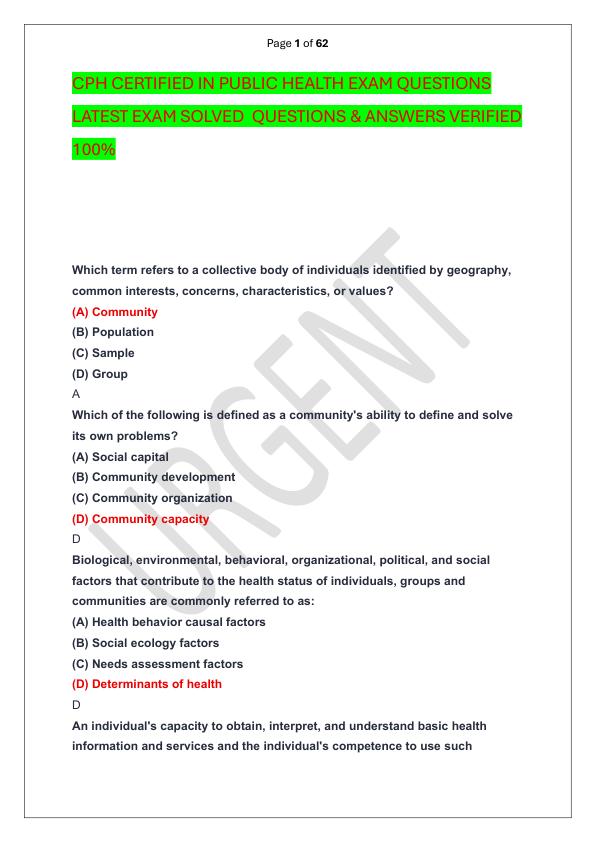 CPH CERTIFIED IN PUBLIC HEALTH EXAM QUESTIONS LATEST EXAM SOLVED  QUESTIONS & ANSWERS VERIFIED 100%  