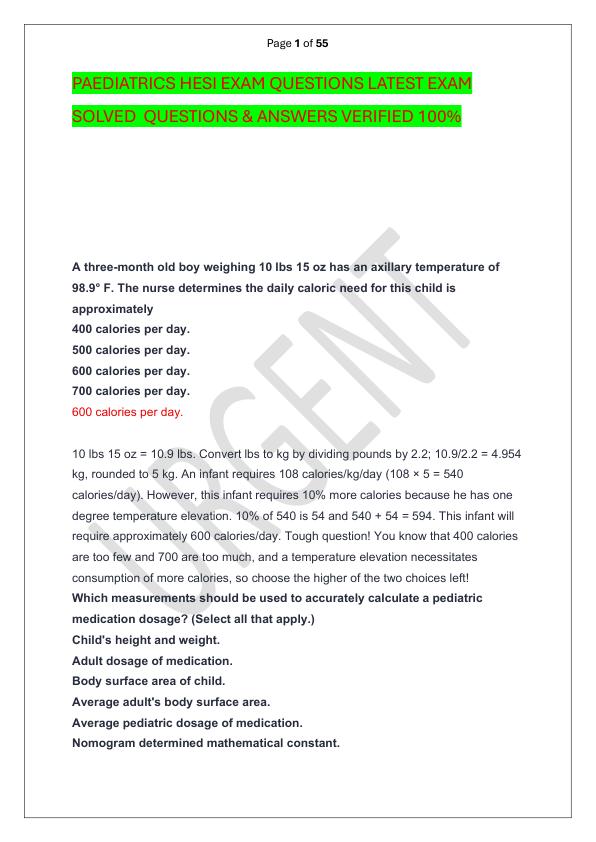 PAEDIATRICS HESI EXAM QUESTIONS LATEST EXAM SOLVED  QUESTIONS & ANSWERS VERIFIED 100%  