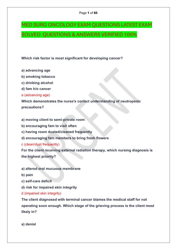 MED SURG ONCOLOGY EXAM QUESTIONS LATEST EXAM SOLVED  QUESTIONS & ANSWERS VERIFIED 100%  