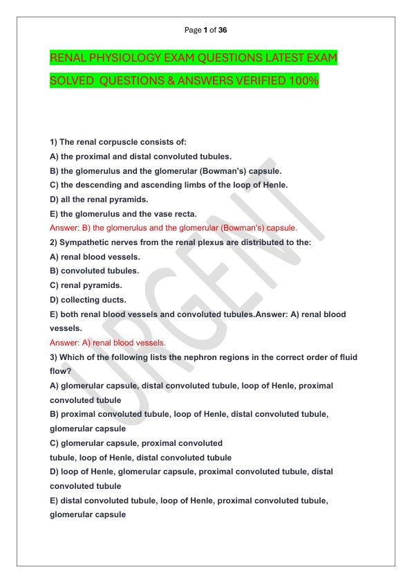 RENAL PHYSIOLOGY EXAM QUESTIONS LATEST EXAM SOLVED  QUESTIONS & ANSWERS VERIFIED 100%  