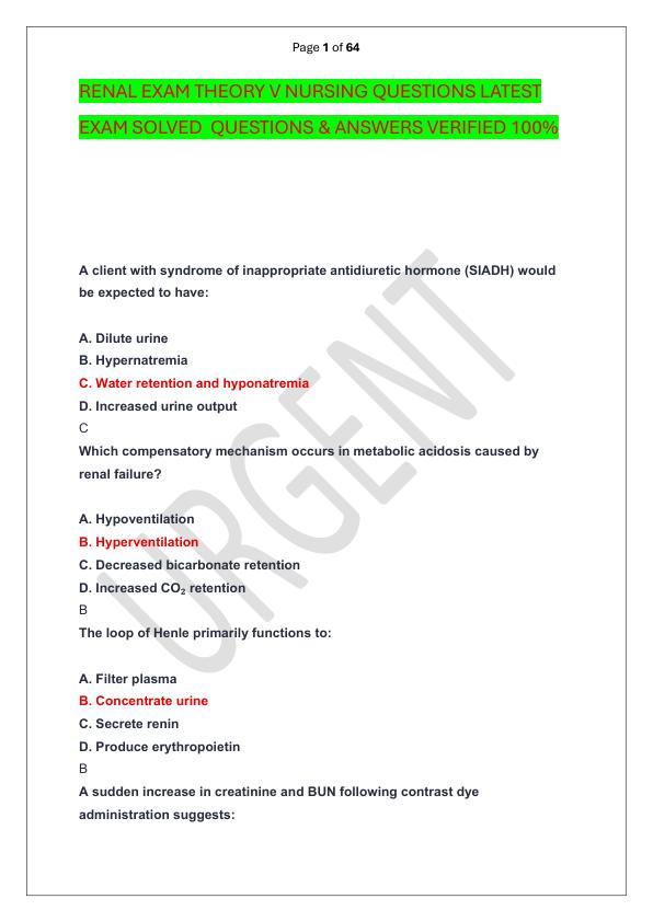 RENAL EXAM THEORY V NURSING QUESTIONS LATEST EXAM SOLVED  QUESTIONS & ANSWERS VERIFIED 100%  