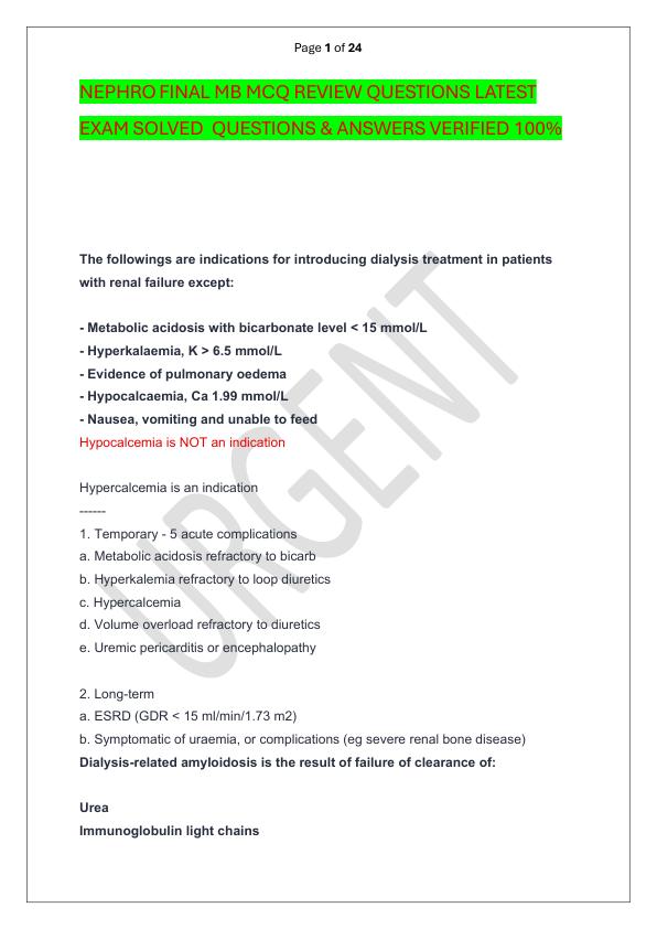 NEPHRO FINAL MB MCQ REVIEW QUESTIONS LATEST EXAM SOLVED  QUESTIONS & ANSWERS VERIFIED 100%  
