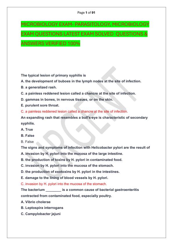 MICROBIOLOGY EXAM- PARASITOLOGY, MICROBIOLOGY EXAM QUESTIONS LATEST EXAM SOLVED  QUESTIONS & ANSWERS VERIFIED 100%  
