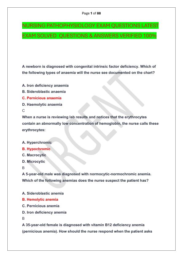 NURSING PATHOPHYSIOLOGY EXAM QUESTIONS LATEST EXAM SOLVED  QUESTIONS & ANSWERS VERIFIED 100%  