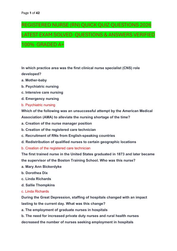 REGISTERED NURSE (RN) QUICK QUIZ QUESTIONS 2026 LATEST EXAM SOLVED  QUESTIONS & ANSWERS VERIFIED 100%  GRADED A+