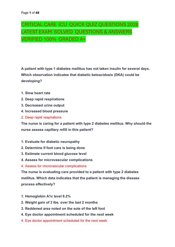 CRITICAL CARE  ICU  QUICK QUIZ QUESTIONS 2026 LATEST EXAM  SOLVED  QUESTIONS & ANSWERS VERIFIED 100%  GRADED A+