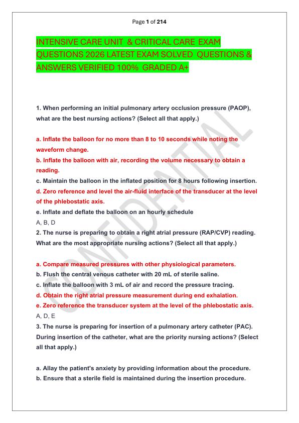 INTENSIVE CARE UNIT  & CRITICAL CARE  EXAM QUESTIONS 2026 LATEST EXAM SOLVED  QUESTIONS & ANSWERS VERIFIED 100%  GRADED A+