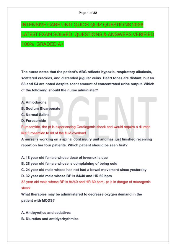 INTENSIVE CARE UNIT QUICK QUIZ QUESTIONS 2026 LATEST EXAM SOLVED  QUESTIONS & ANSWERS VERIFIED 100%  GRADED A+