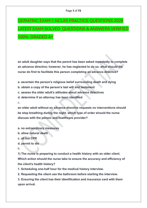 GERIATRIC EXAM 1 NCLEX PRACTICE QUESTIONS 2026 LATEST EXAM SOLVED  QUESTIONS & ANSWERS VERIFIED 100%  GRADED A+