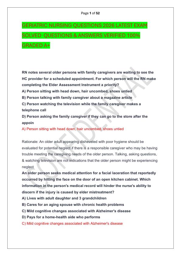GERIATRIC NURSING QUESTIONS 2026 LATEST EXAM SOLVED  QUESTIONS & ANSWERS VERIFIED 100%  GRADED A+