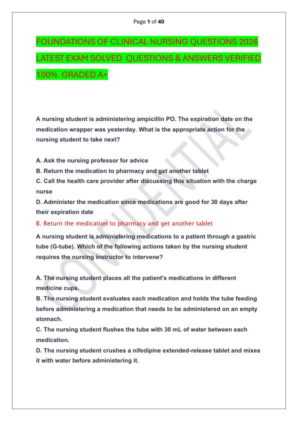 FOUNDATIONS OF CLINICAL NURSING QUESTIONS 2026 LATEST EXAM SOLVED  QUESTIONS & ANSWERS VERIFIED 100%  GRADED A+