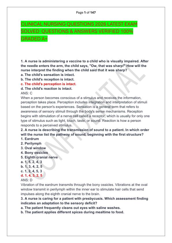 CLINICAL NURSING QUESTIONS 2026 LATEST EXAM SOLVED  QUESTIONS & ANSWERS VERIFIED 100%  GRADED A+