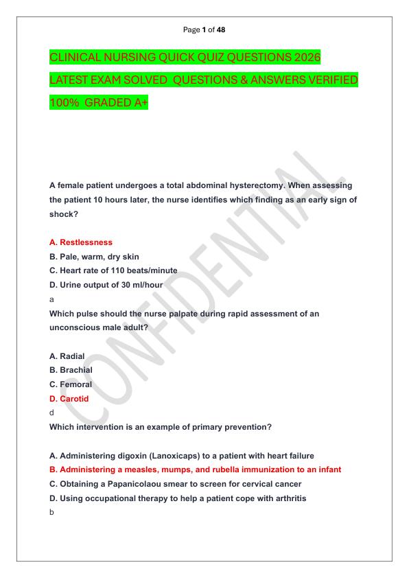 CLINICAL NURSING QUICK QUIZ QUESTIONS 2026 LATEST EXAM SOLVED  QUESTIONS & ANSWERS VERIFIED 100%  GRADED A+