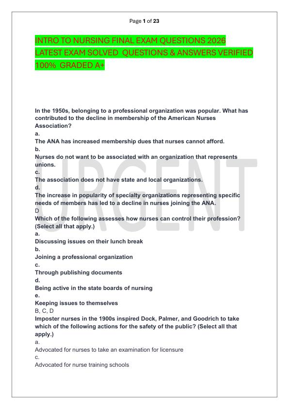 INTRO TO NURSING FINAL EXAM QUESTIONS 2026 LATEST EXAM SOLVED  QUESTIONS & ANSWERS VERIFIED 100%  GRADED A+