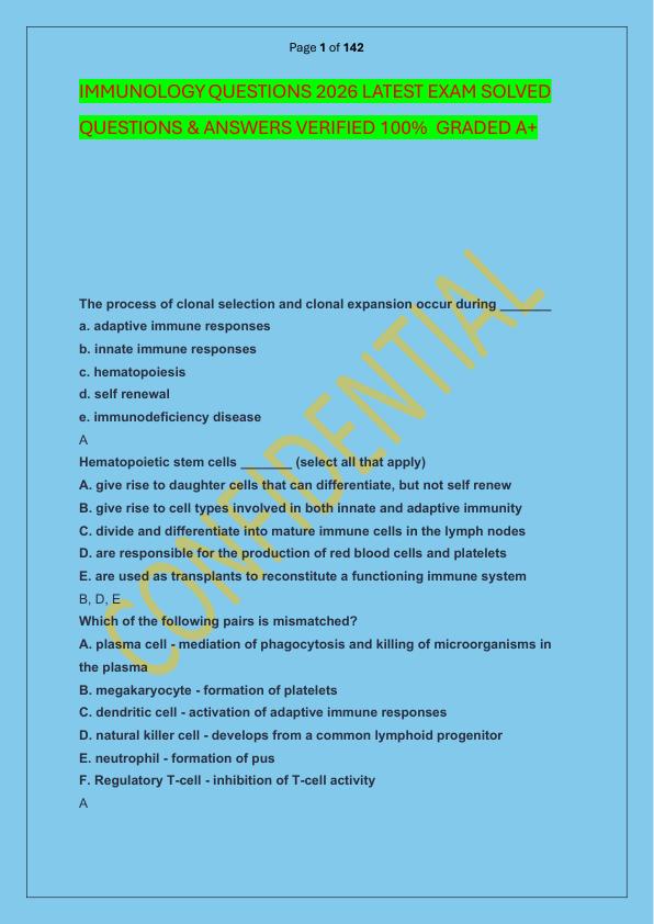 IMMUNOLOGY QUESTIONS 2026 LATEST EXAM SOLVED  QUESTIONS & ANSWERS VERIFIED 100%  GRADED A+
