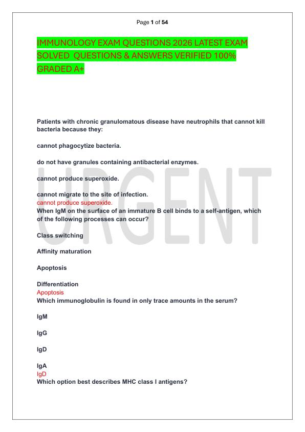 IMMUNOLOGY EXAM QUESTIONS 2026 LATEST EXAM SOLVED  QUESTIONS & ANSWERS VERIFIED 100%  GRADED A+