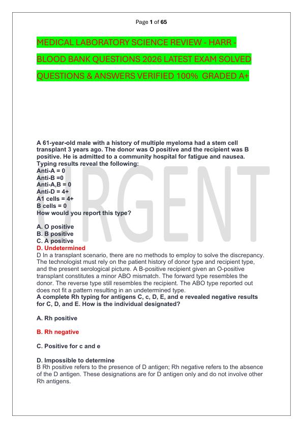 MEDICAL LABORATORY SCIENCE REVIEW - HARR - BLOOD BANK QUESTIONS 2026 LATEST EXAM SOLVED  QUESTIONS & ANSWERS VERIFIED 100%  GRADED A+