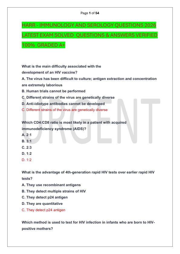 HARR - IMMUNOLOGY AND SEROLOGY QUESTIONS 2026 LATEST EXAM SOLVED  QUESTIONS & ANSWERS VERIFIED 100%  GRADED A+