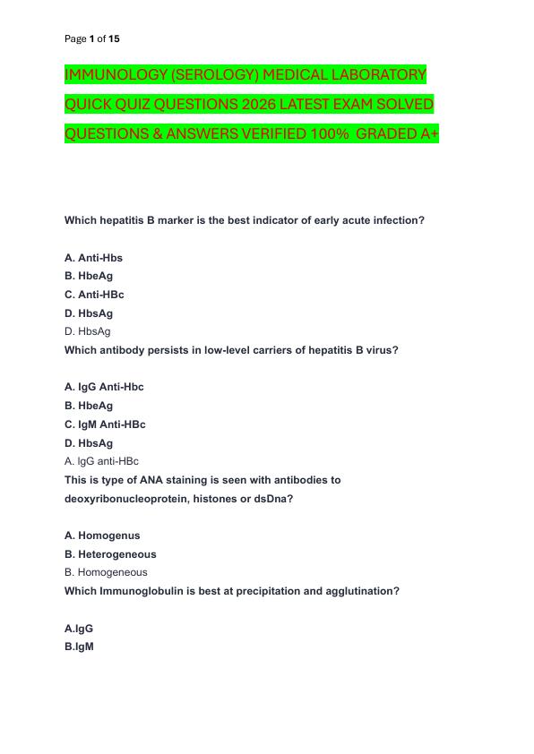 IMMUNOLOGY (SEROLOGY) MEDICAL LABORATORY QUICK QUIZ QUESTIONS 2026 LATEST EXAM SOLVED  QUESTIONS & ANSWERS VERIFIED 100%  GRADED A+