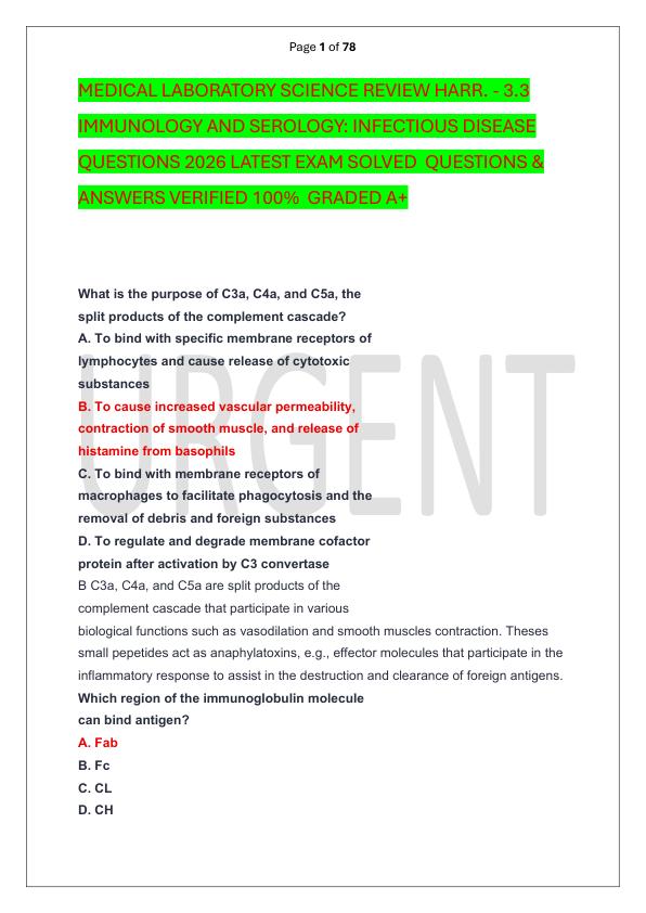 MEDICAL LABORATORY SCIENCE REVIEW HARR. - 3.3 IMMUNOLOGY AND SEROLOGY INFECTIOUS DISEASE QUESTIONS 2026 LATEST EXAM SOLVED  QUESTIONS & ANSWERS VERIFIED 100%  GRADED A+